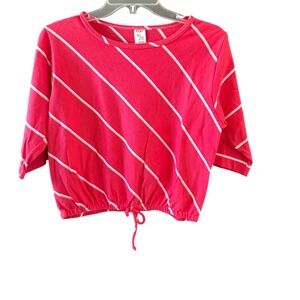 Ivory Pink‎ White Diagonal Stripe Crop Top Drawstring Hem Large Elbow Sleeve